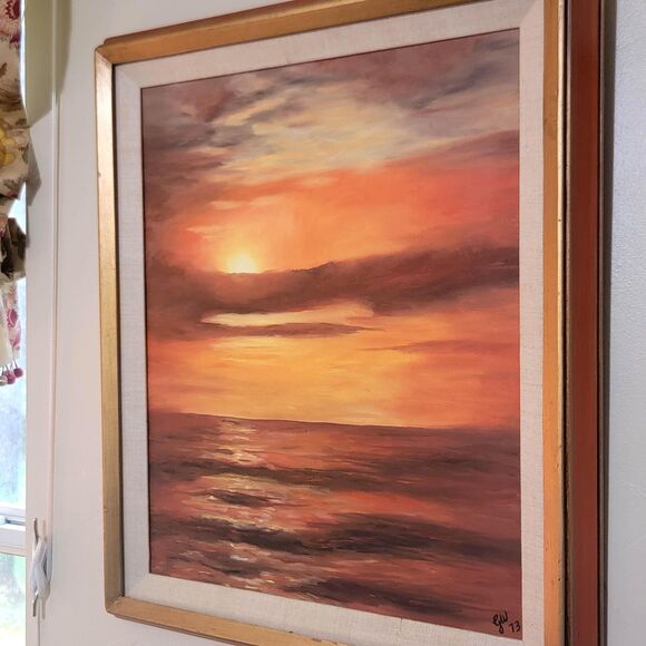 VTG 1973 Ocean Sunset Sea Landscape Oil Painting Frame 21 1/2" x 24 1/2" Red Sky - Picture 8 of 16